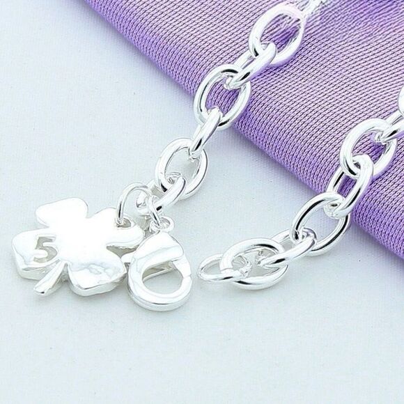 Clover Leaf Lucky Number 5 Link Bracelet Adjustable Sterling Silver Womens New - Picture 4 of 4